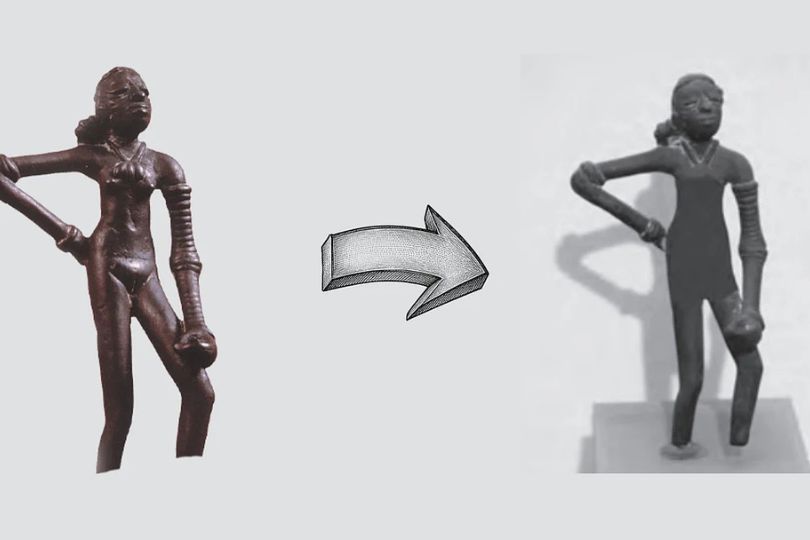The original Dancing Girl of Mohenjo-daro bronze sculpture, an iconic artefact of the Indus Valley Civilization.