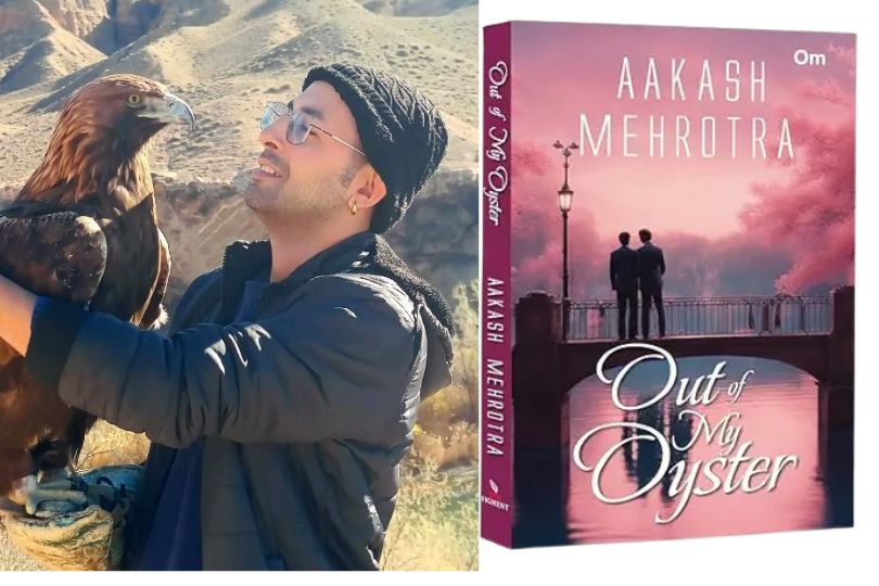 Author Aakash Mehrotra alongside the cover of his novel Out of My Oyster.