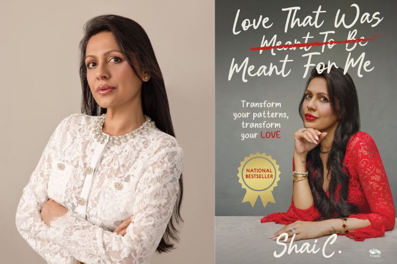 Author Shai beside the cover of Love That Was Meant For Me.